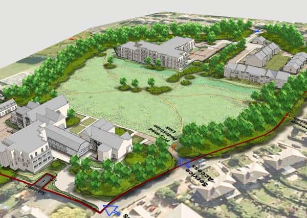 The proposals to redevelop the former Dukes Middle School site, in Alnwick. The school building is to the bottom left of the picture. The retirement homes and flats and bungalows are opposite.