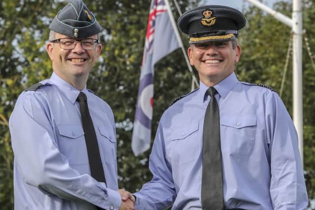 RAF Boulmers former Station Commander Group Captain Rich Jacob (left) with the new man at the helm, Group Captain Chesh Cowieson. Picture by Corporal Alex Scott