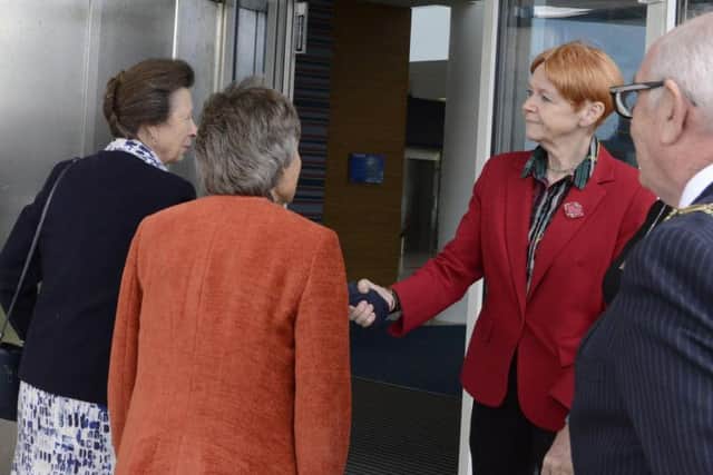 Princess Anne is greeted by the Northumbria Police and Crime Commissioner, Dame Vera Baird, at the start of her Victims First Northumbria visit. Picture by Jane Coltman.