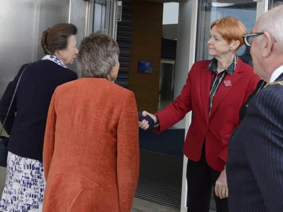 Princess Anne is greeted by the Northumbria Police and Crime Commissioner, Dame Vera Baird, at the start of her Victims First Northumbria visit. Picture by Jane Coltman.