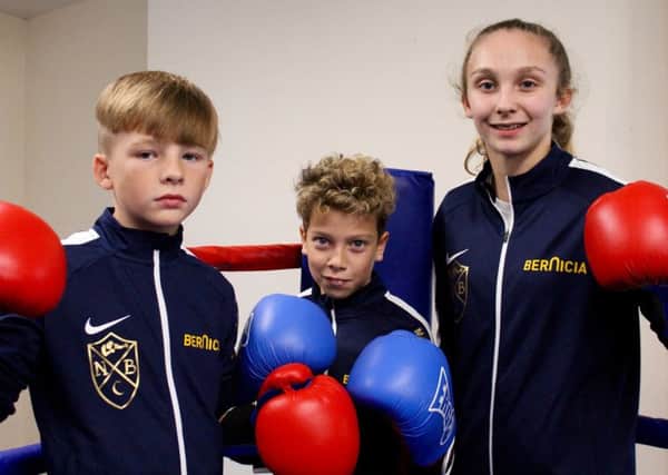 Newbiggin Boxing Club members Brandon Moscrop, Nathan McEvoy and Alex Brown in their new Bernicia tracksuits.