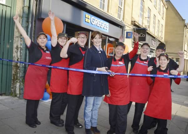 The Duchess of Northumberland with the team at the refurbished Greggs in Alnwick.
 Picture by Jane Coltman