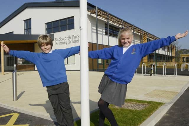 Pupils Thomas and Tilly at the new Backworth Park Primary School . Picture by Jane Coltman