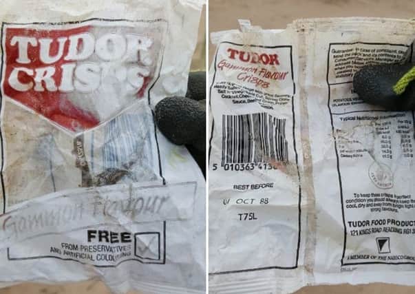The Tudor Crisps packet from 1988, found by a Coast Care North volunteer at Budle Bay.