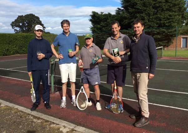George and Hugh Watson, runners-up, Noel Hodgeson and Max Renwick, winners  Nippers Tennis Club, and Frank Dakin, organiser.