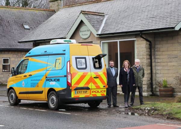 Neil Snowdon, from Northumberland County Council highways department, county councillor Wendy Pattison and Robbie Burn, chairman of Hedgeley Parish Council with the speed camera van.