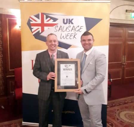 UK Sausage Week Awards. Winners of the Best Traditional Sausage in the North Morris Adamson and Michael Magneron, of Rothbury Family Butchers.