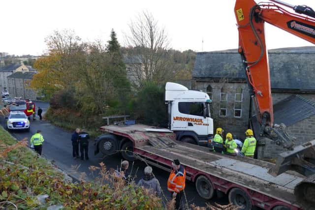 The lorry on Gravelly Bank, Rothbury. Picture by Duncan Elson