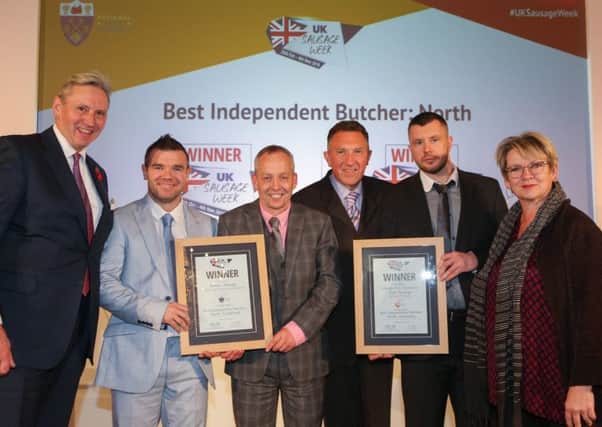 UK Sausage Week Awards. From left: Award partner Roger Kelsey of National Craft Butchers, Best Traditional Sausage in the North winners Michael Magneron and Morris Adamson, of Rothbury Family Butchers, and Innovative winners from George H Pickings, East Boldon, with celebrity chef Sophie Grigson.