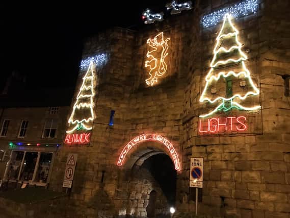 Alnwick's Bondgate Tower lit up for Christmas last year.