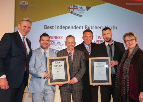 UK Sausage Week Awards. From left: Award partner Roger Kelsey of National Craft Butchers, Best Traditional Sausage in the North winners Michael Magneron and Morris Adamson, of Rothbury Family Butchers, and Innovative winners from George H Pickings, East Boldon, with celebrity chef Sophie Grigson.