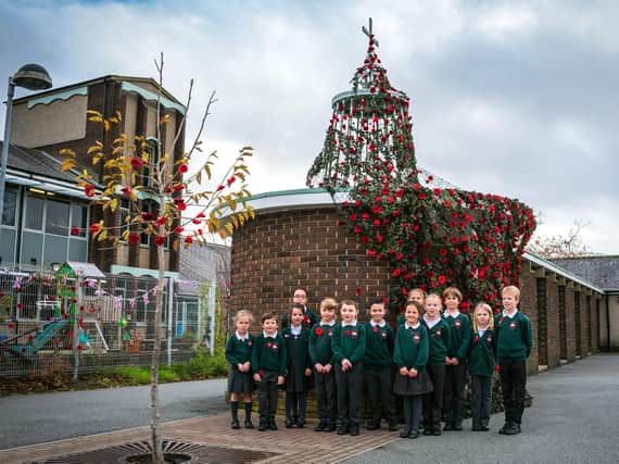 Pupils with part of the cascade of poppies at St Paul's RCVA Primary School. Picture by Colin Graham, courtesy of RAF Boulmer.