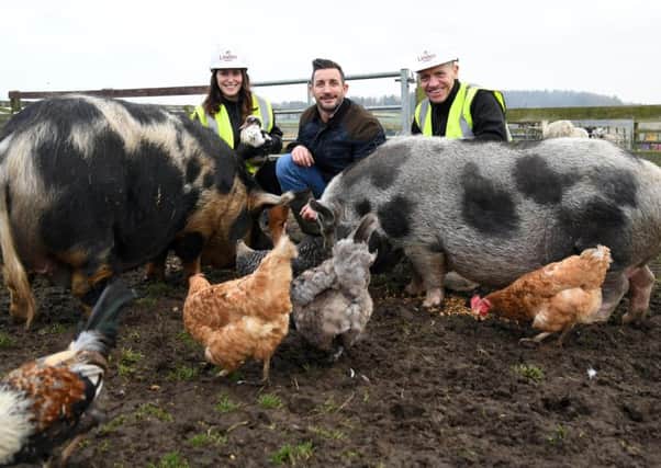 Hayley Bell and Dave Brown of Linden Homes get to know some of the animals at Hilltop Farm. They are pictured with Robin Hills, centre.