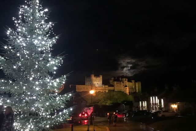 The impressive Christmas tree at Bamburgh, with its famous white lights.