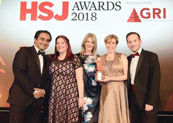 Left to right, HSJ Awards host Sanjeev Bhaskar, personality disorder hub team members Donna Potts, Julia Harrison and Genevieve Quayle, and HSJ patient safety correspondent Shaun Lintern. Picture by Tom Howard