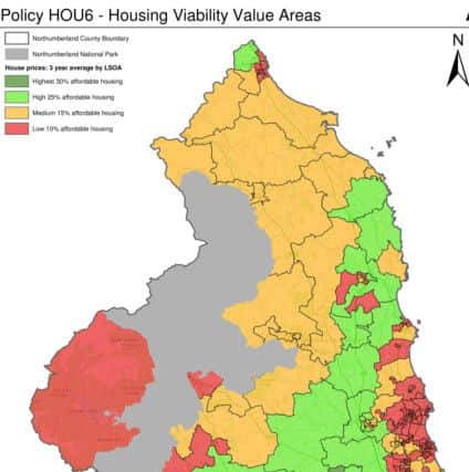 A map showing the different percentages of affordable housing which would be sought on new developments.