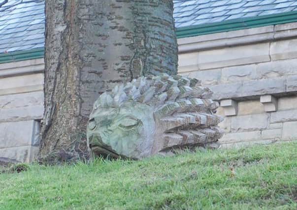 The wooden hedgehog left by Alnwick in Bloom.
