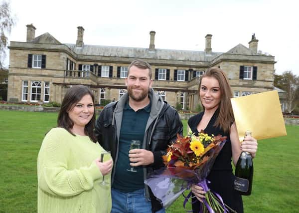 Gemma Wilson and Chris Laws pictured outside Kirkley Hall alongside wedding planner Rachel Johnston, right. Picture by Crest Photography