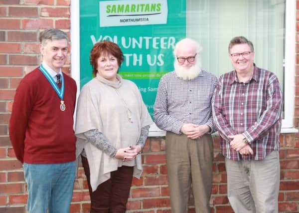 Michael Orde, High Sherif of Northumberland, Liz the Northumbria Samaritan Director, Alasdair and Alan volunteers at the branch.