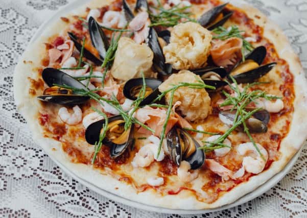 Seafood pizza at The Old Boathouse, Amble.