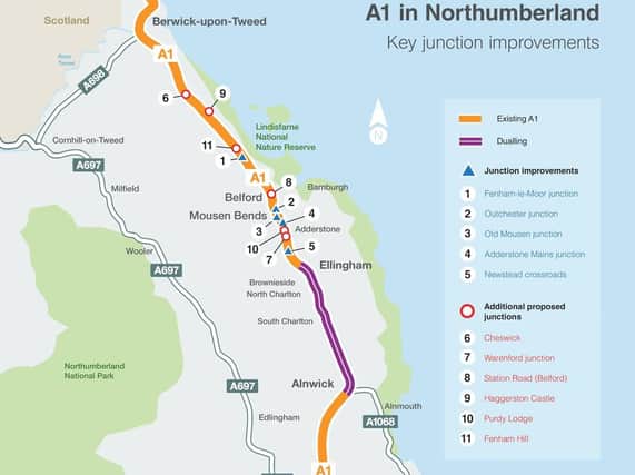 A map showing the proposals for the A1 in north Northumberland.