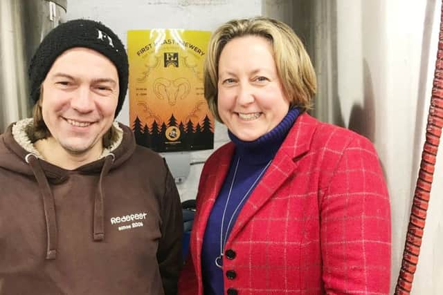 MP Anne-Marie Trevelyan with Sam Kellie at the First and Last Brewery, Elsdon.