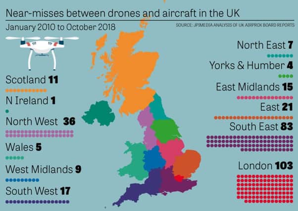 A map showing near-misses between drones and aircraft.