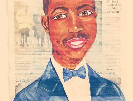 Eric, acrylic on newspaper. The painting, on a page of the Northumberland Gazette, is of Eric Garner, who died on July 17, 2014, in Staten Island, New York, after a police officer put him in a headlock while arresting him.
