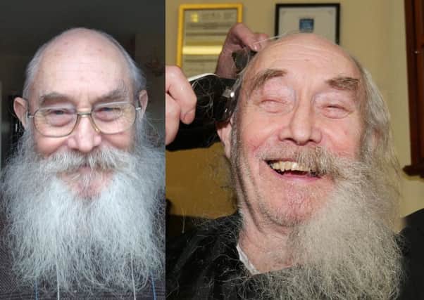Selby before and during the hair and beard shave. Pictures by Michael Howard