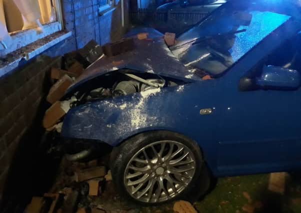 The car that crashed into a house in Sixth Avenue, Blyth, last night.