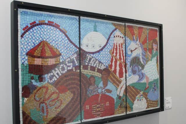 The mosaic created by artist Sue Slater and children from Marine Park First School on display at Whitley Bay's Spanish City.
