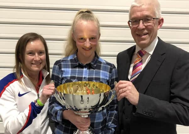 Skier Amy Stokoe, winner of the 2018 Northumberland Gazette Sports Personality of the Year, with Olympic marathon runner Aly Dixon, guest of honour at the Alnwick and District Sports Council awards, and Paul Larkin, Gazette editor.
