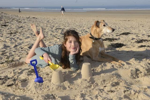 What a difference a year makes. Martha, nine, with dog Stan enjoy the sunshine at Bamburgh beach this week. Picture by Jane Coltman