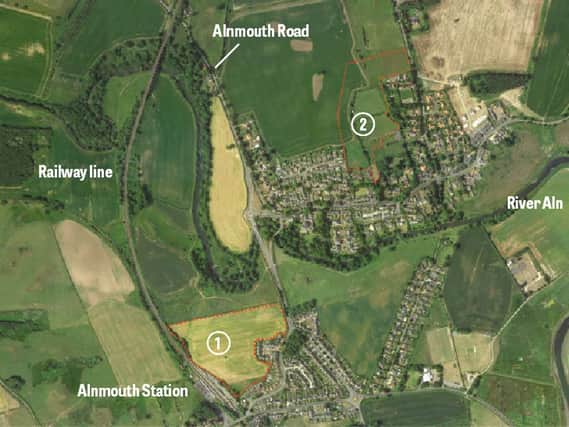 Northumberland Estates plans include 60 houses in area 1, near the station, and 40 homes to the north of Lesbury (area 2).