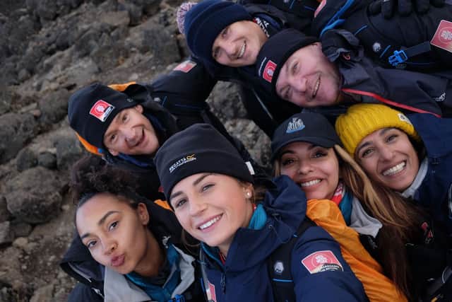 Seven of the celebrities on Day Five of the trek to the summit of Mount Kilimanjaro, including Rothbury's Alexander Armstrong (back left). Picture by Chris Jackson / Getty for Comic Relief.