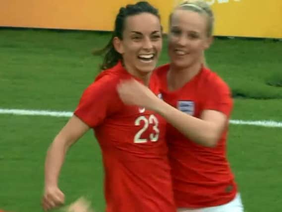 Lucy Staniforth scores the opening goal for England against Japan. Picture from BBC coverage.