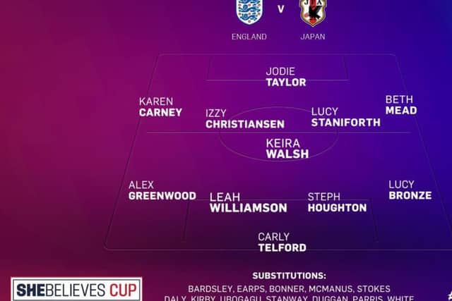 The England squad for the She Believes Cup squad against Japan, including both Lucy Bronze and Lucy Staniforth in the starting line-up.