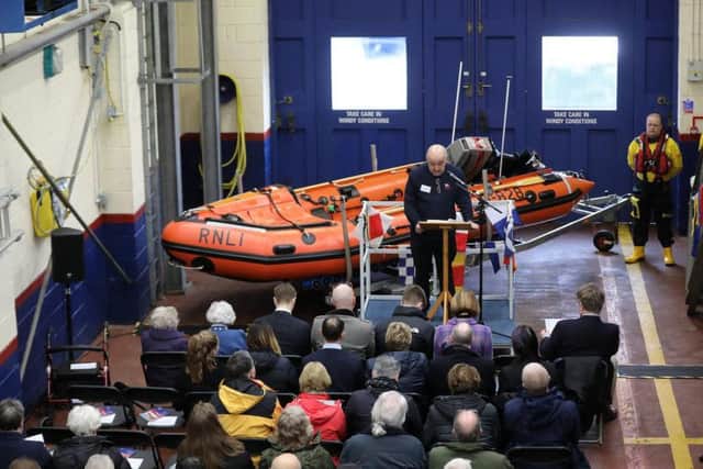 Seahouses lifeboat operations manager Ian Clayton addresses the guests at the naming ceremony. Picture by Adrian Don