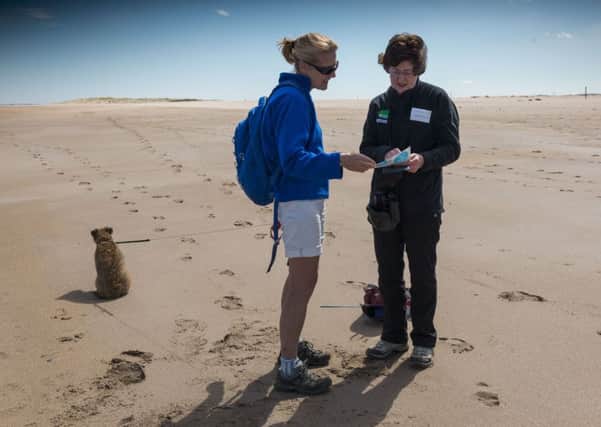 A voluntary warden talking to a visitor about the terns at Lindisfarne National Nature Reserve.
