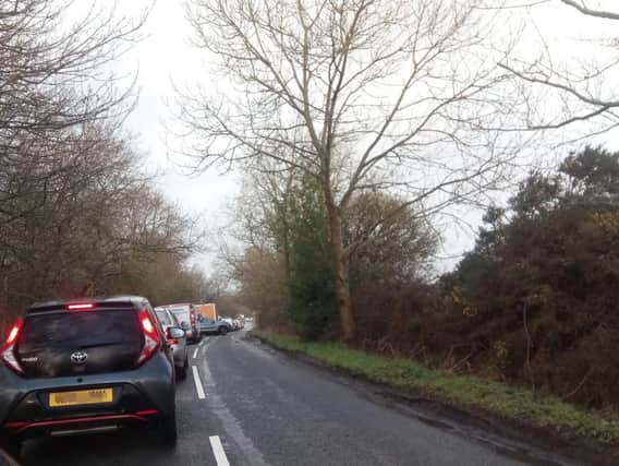 The queue of traffic waiting to join the A697 at Longhorsley after being diverted off the A1.