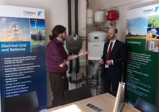 Labours candidate for North of Tyne Mayor, Jamie Driscoll, right, speaks with Tom Bradley, director of Narec Distributed Energy, during his visit.