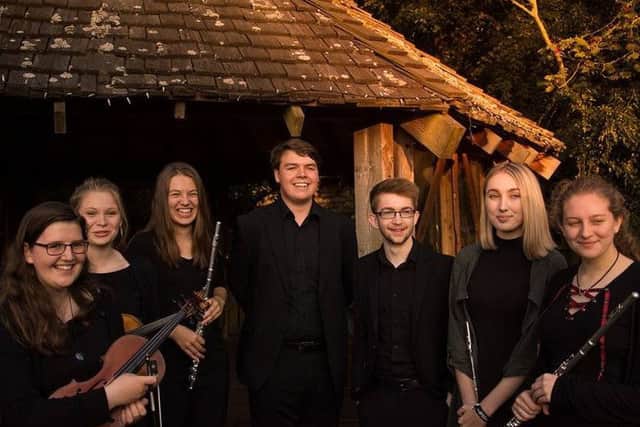Original line-up of folk group Alnwicky, including keyboard player Jamie Macaulay, centre, who has left the band, and flautist Jess Dobson, second from the right, who will be taking a break from June.