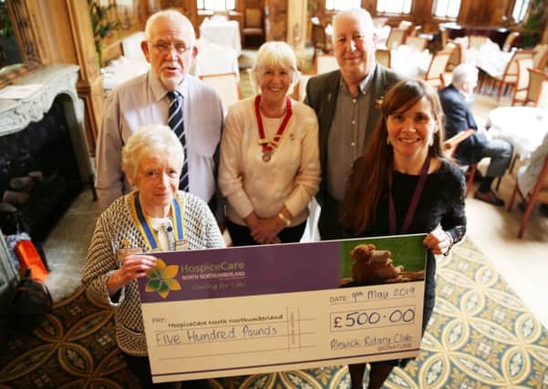 Alnwick Rotary Club president Barbara Reid hands over a cheque for £500 to Rebecca Taylor, fund-raiser with HospiceCare North Northumberland, with Rotarians Dave Campbell, Jill Clark and Charlie MacNeill.