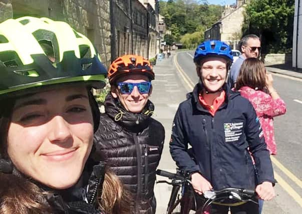 Some of the cycling challenge participants on their training ride. At the front is Anna Bruguera Sala with Max Ling behind and Eilidh Batchelor to the right hand side.