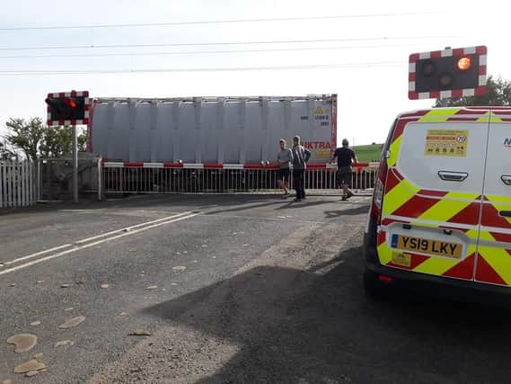 The train blocking Beal level crossing. Picture by David Morton, Lindisfarne Mead