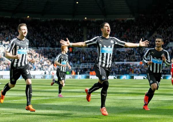 Newcastle United's Ayoze Perez celebrates scoring during the Barclays Premier League match at St James' Park, Newcastle. PRESS ASSOCIATION Photo. Picture date: Saturday May 9, 2015. See PA story SOCCER Newcastle. Photo credit should read: Richard Sellers/PA Wire. RESTRICTIONS: Editorial use only. Maximum 45 images during a match. No video emulation or promotion as 'live'. No use in games, competitions, merchandise, betting or single club/player services. No use with unofficial audio, video, data, fixtures or club/league logos.