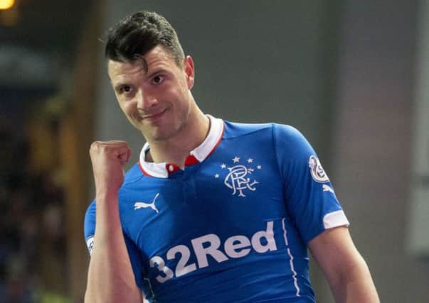 Rangers' Haris Vuckic celebrates at the final whistle during the Play Off Semi Final First Leg match at the Ibrox Stadium, Glasgow. PRESS ASSOCIATION Photo. Picture date: Wednesday May 20, 2015. See PA story SOCCER Rangers. Photo credit should read: Jeff Holmes/PA Wire. EDITORIAL USE ONLY
