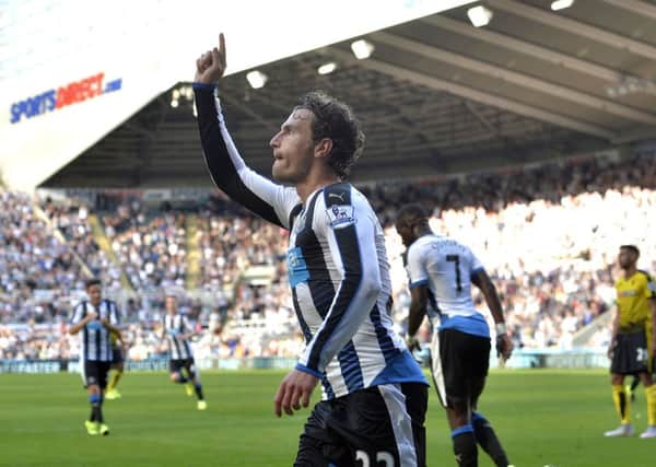 Newcastle United's Daryl Janmaat celebrates his goal during the Barclays Premier League match at St James' Park, Newcastle. PRESS ASSOCIATION Photo. Picture date: Saturday September 19, 2015. See PA story SOCCER Newcastle. Photo credit should read: Owen Humphreys/PA Wire. RESTRICTIONS: EDITORIAL USE ONLY No use with unauthorised audio, video, data, fixture lists, club/league logos or "live" services. Online in-match use limited to 45 images, no video emulation. No use in betting, games or single club/league/player publications.
