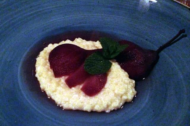 Madeira poached pears and rice pudding