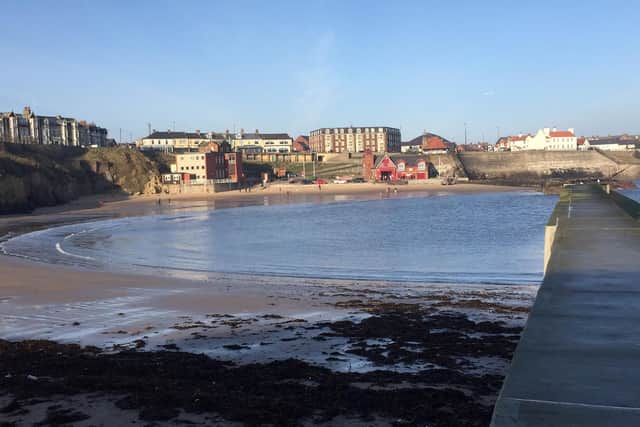 Cullercoats Bay in North Tyneside, where a 15-year-old girl named as Caitlin Ruddy was swept off the pier and later died,